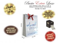 BUSTE IN CARTA LUSSO BIANCA PLASTIFICAZIONE LUCIDA EXTRA impianto stampa, chiudibusta e nastrino doppio raso omaggio 